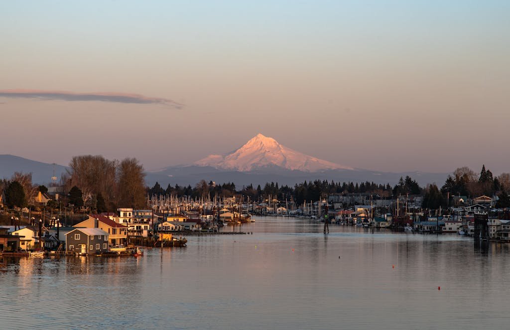 View of Mount Hood Seen From The Columbia River in Portland, Oregon.